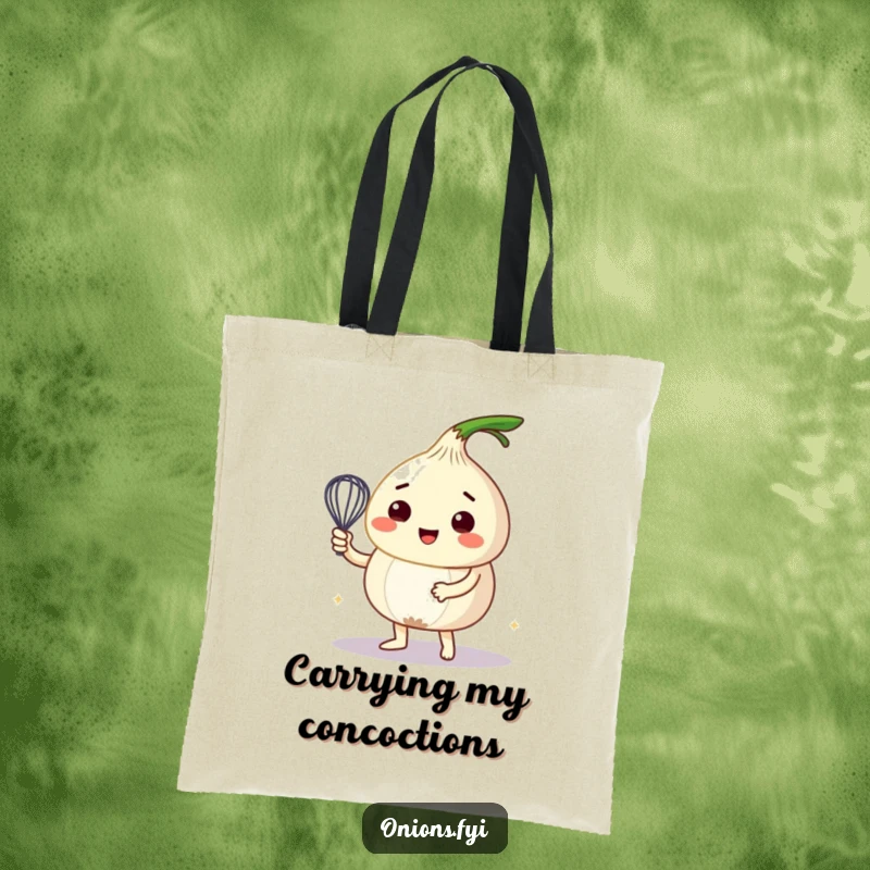 Funny tote bag with an onion character busy whisking a bubbly creation, perfect for grocery runs and kitchen tasks.