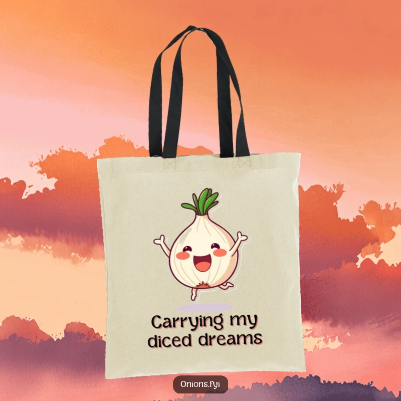 Funny Onion Tote Bag: A kawaii onion celebrates its fun new shapes after being joyfully chopped, ready for errands.