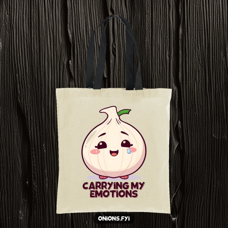 Funny tote bag designed with a smiling onion character shedding a single, sparkly tear, perfect for carrying and expressing emotion.