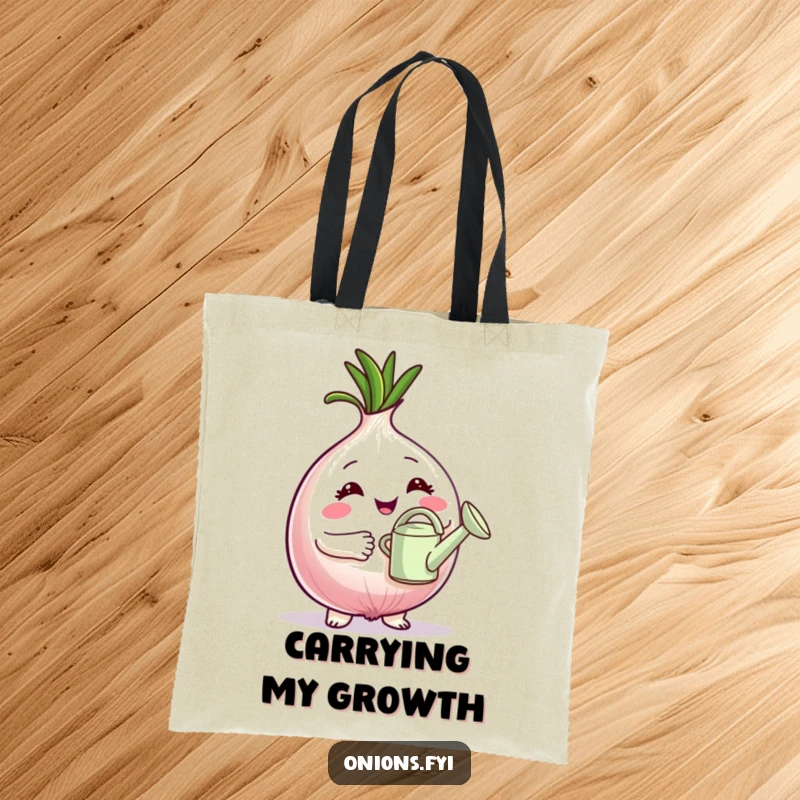 Funny Tote Bag: Proud onion character holding a tiny watering can, embodying the joy of gardening and plant care. Perfect funny gift.