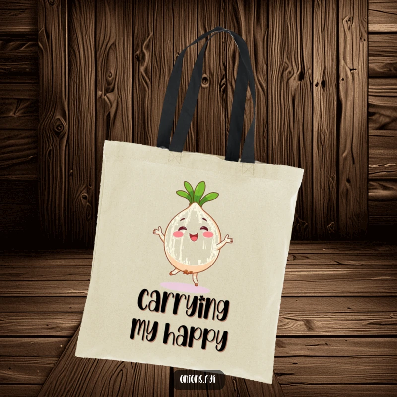 Funny tote bag with a happy onion character joyfully performing a silly dance, perfect for veggie lovers.