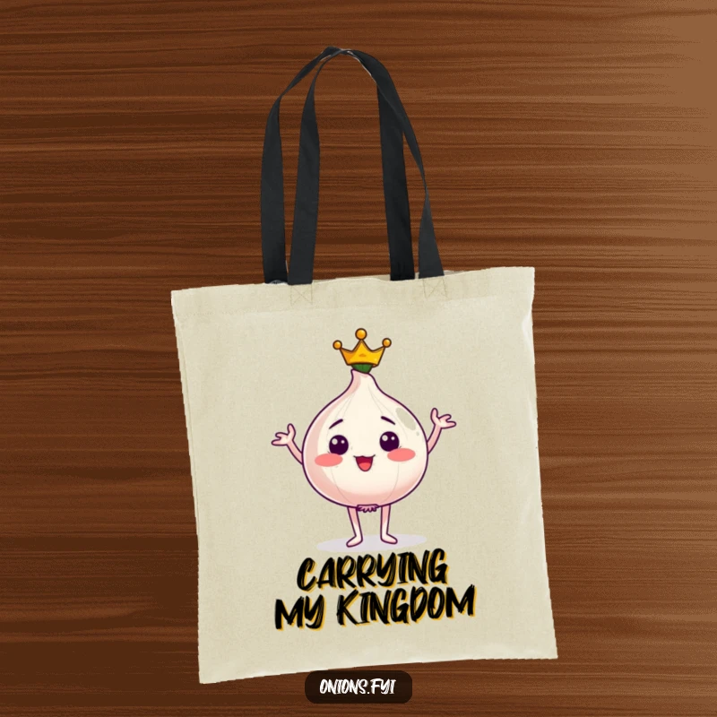 Funny tote bag with a proud onion character wearing a tiny crown, striking a confident and majestic pose.