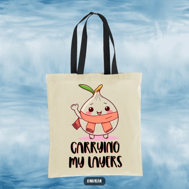 Funny tote bag with a joyful onion character wearing a tiny scarf and waving happily.