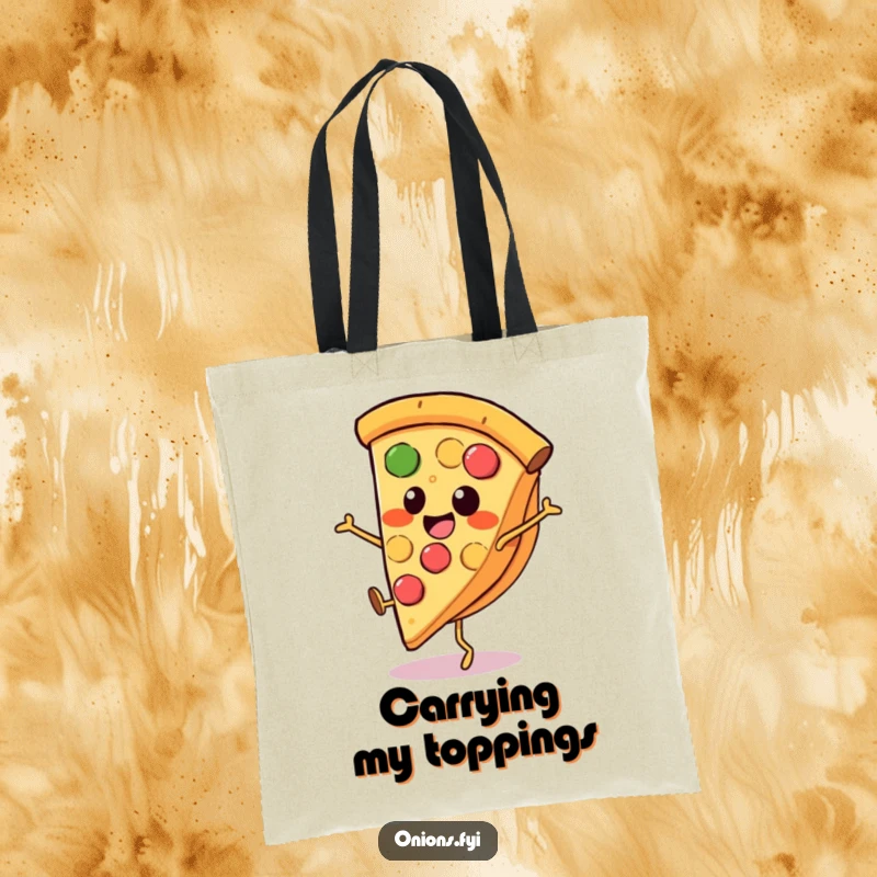 Funny pizza tote bag, a happy pizza slice with little legs performing a cartwheel, vibrant and humorous.