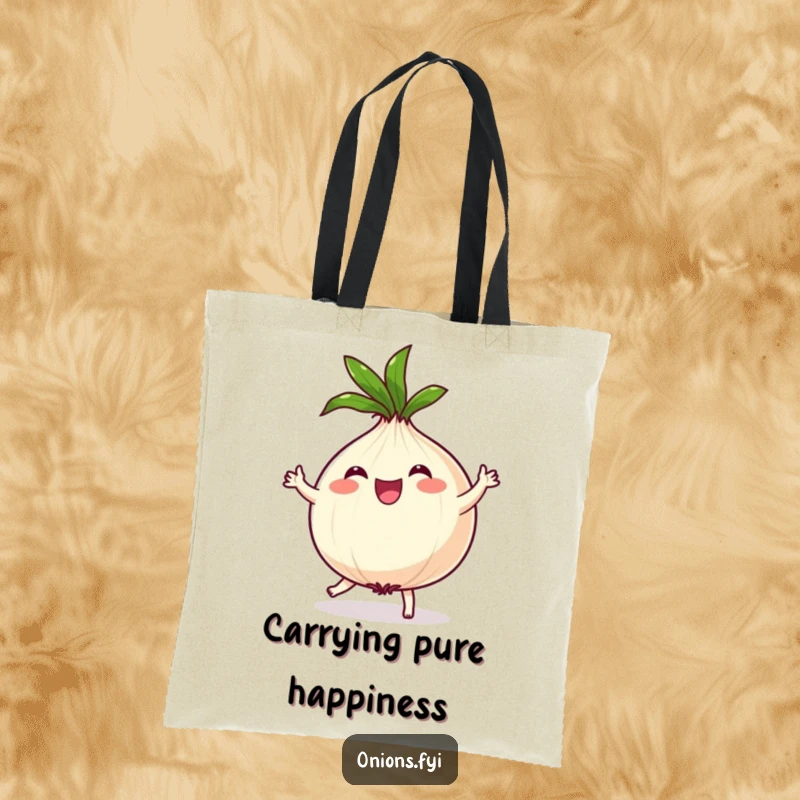 Funny Onion Tote Bag: A joyful onion character dances energetically, its leafy top spinning, carrying fun and humor.