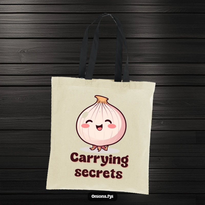 Funny Stealthy Onion Tote Bag with a happy onion attempting to tiptoe stealthily on its roots, for everyday use.