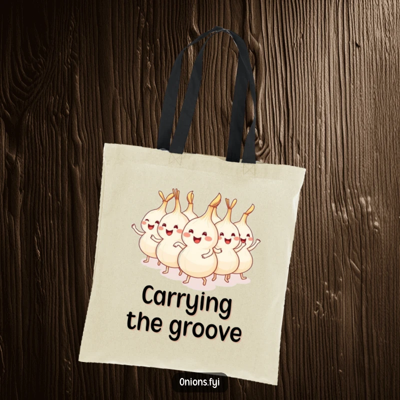 Funny onions dancing in a conga line on a tote bag, ideal for carrying party essentials.