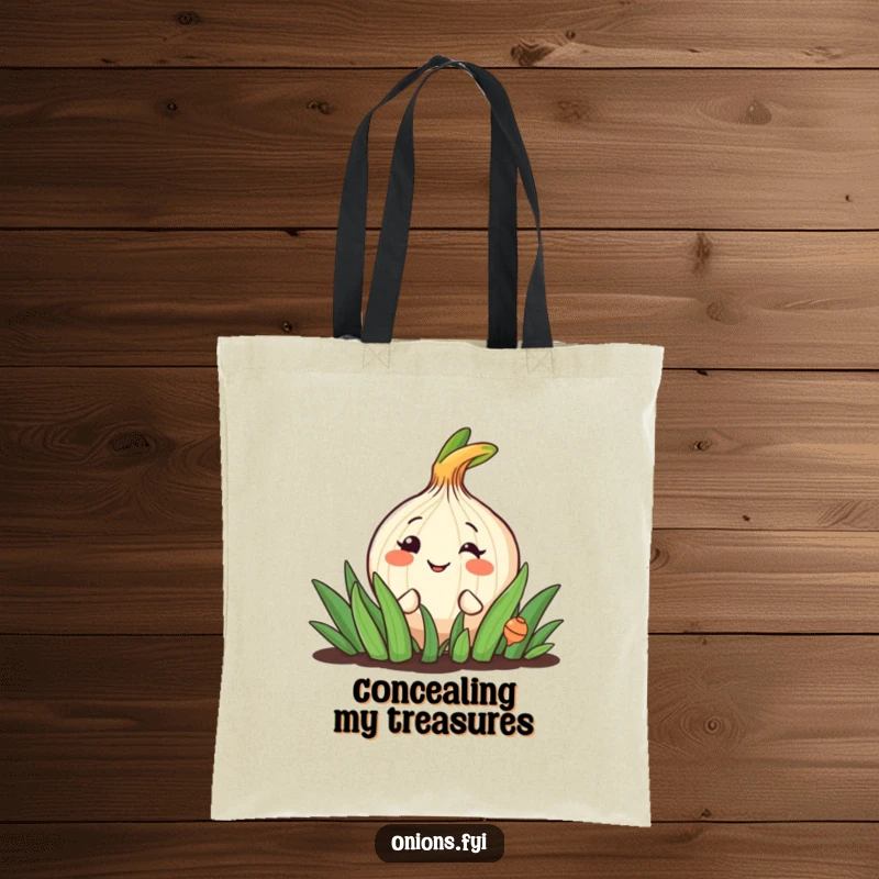 Funny tote bag featuring a smiling onion character peeking out from a garden patch, radiating cheerfulness.