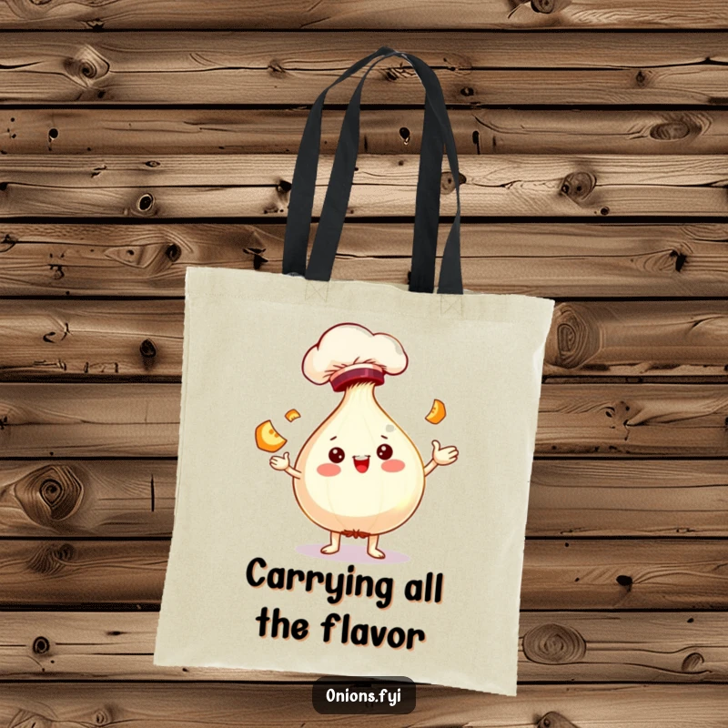 Funny chef onion character happily juggling slices, a practical and humorous tote bag for everyday use.