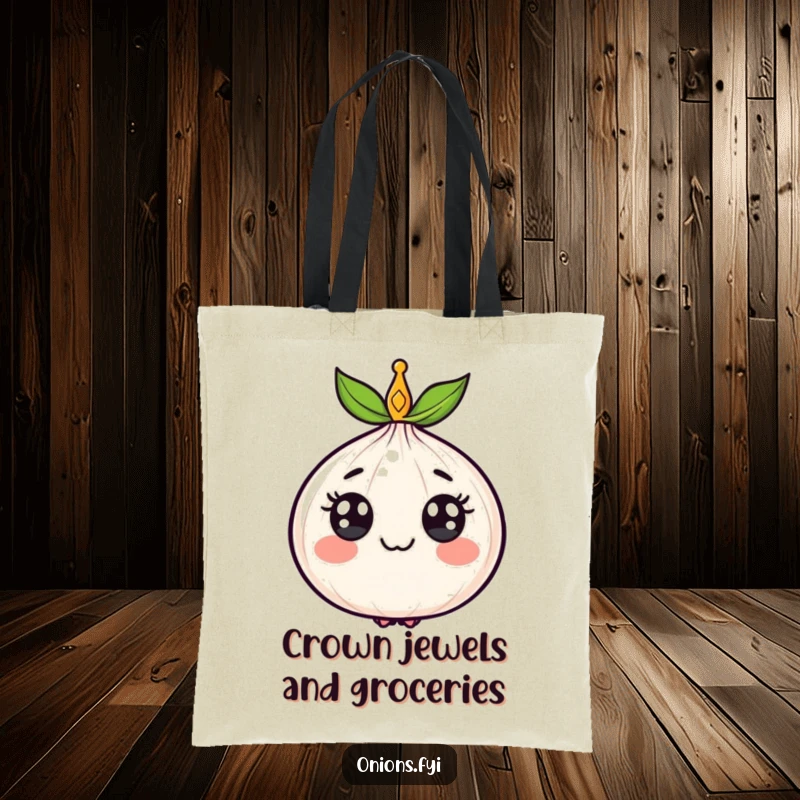Funny tote bag designed with a cheerful, crowned onion, showcasing royal veggie humor and practical style.