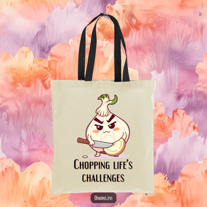 Funny determined onion character chopping a large garlic clove, a strong and humorous tote bag.