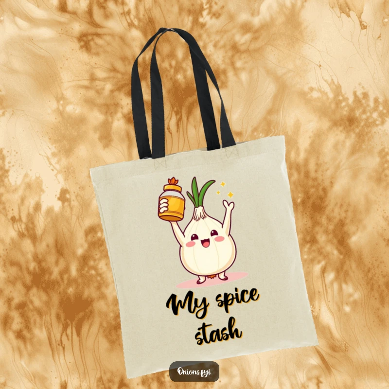 Funny tote bag with a triumphant onion character holding a golden spice jar, symbolizing culinary achievement and delicious results. Useful gift.