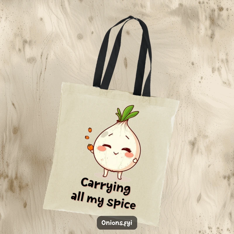 Funny onion character winking and juggling peppercorns, a humorous and useful tote bag for shopping.