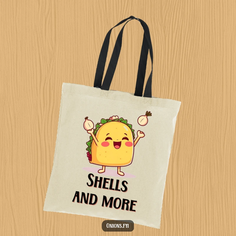 Funny taco tote bag, a happy taco with little arms juggling three tiny onions, vibrant and humorous.