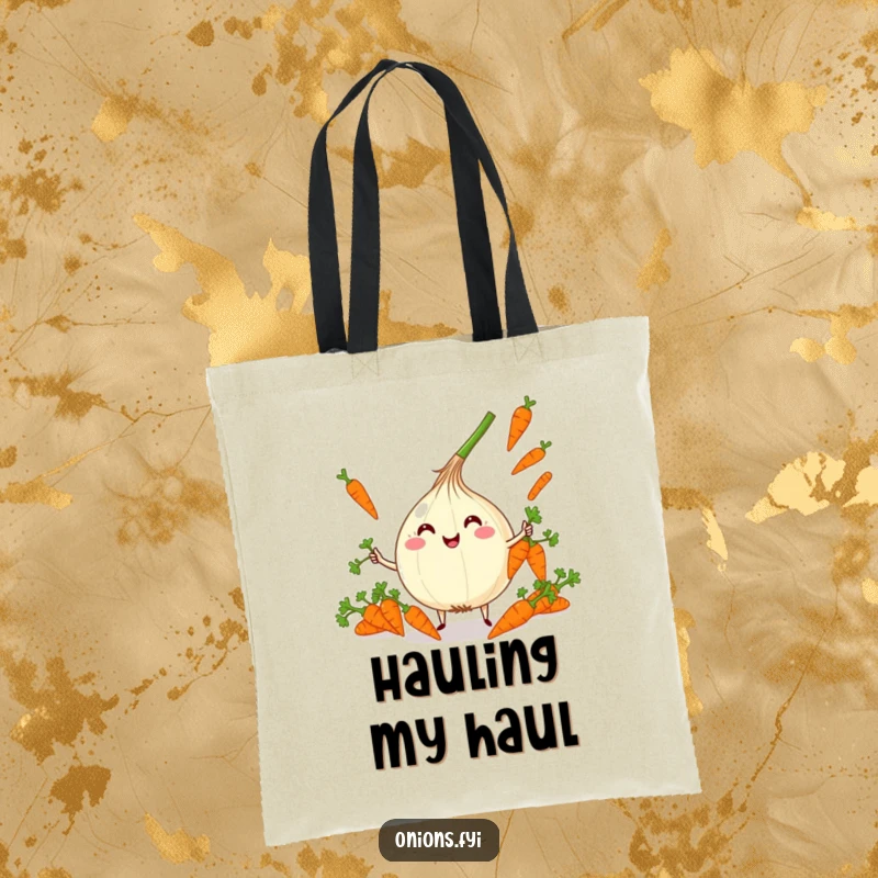 Funny Kawaii Onion Juggling Tote Bag: Adorable onion character joyfully juggling carrots, ideal funny gift.