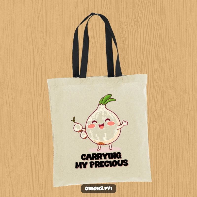 Funny tote bag depicting a cute kawaii onion with tiny feet skillfully juggling three smaller onions, ready for market trips and adventures.