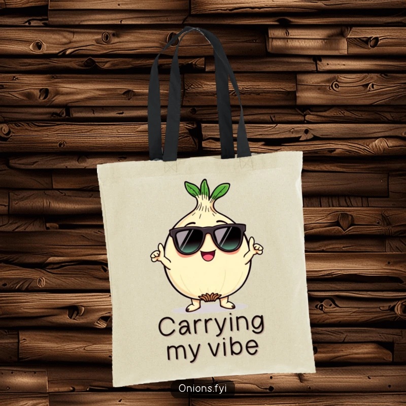 Funny kawaii onion character wearing sunglasses and striking a cool pose on a tote bag, a stylish and funny gift.
