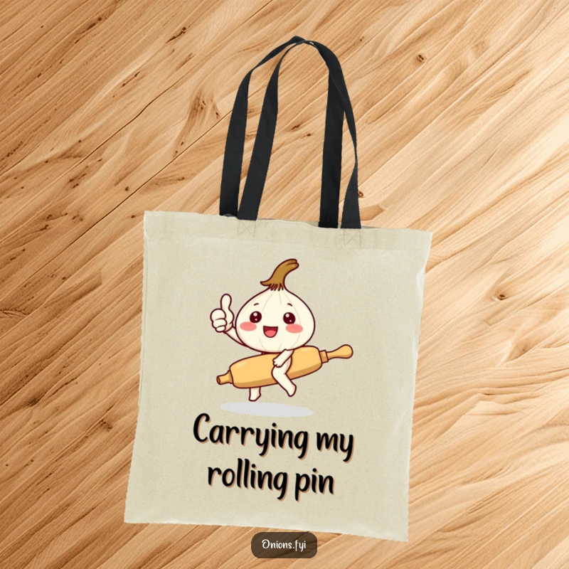 Funny Kawaii onion character riding a rolling pin giving thumbs up, durable tote bag with cute and humorous kitchen theme, practical accessory.