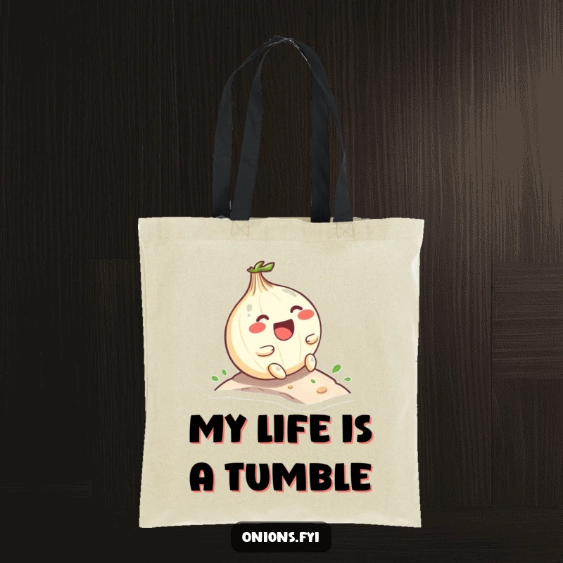 Funny Kawaii onion character laughing while rolling down a small hill, durable tote bag with playful and humorous theme, great for shopping.