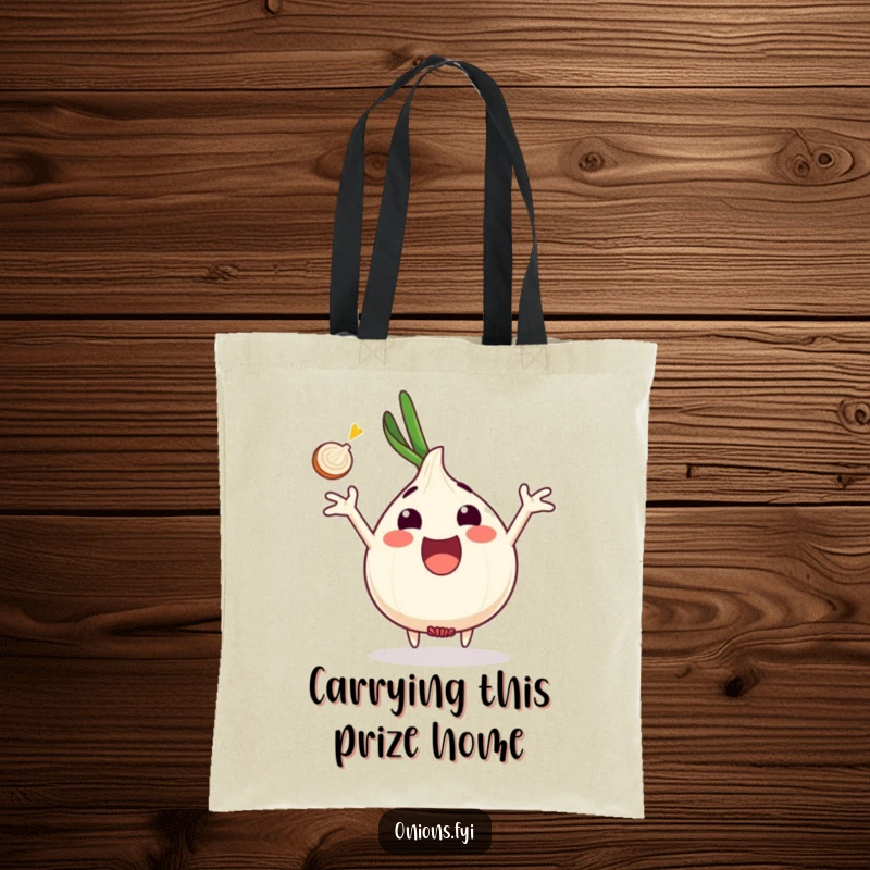 Funny onion character excited, arms outstretched catching onion slice, tote bag, enthusiastic and funny gift.