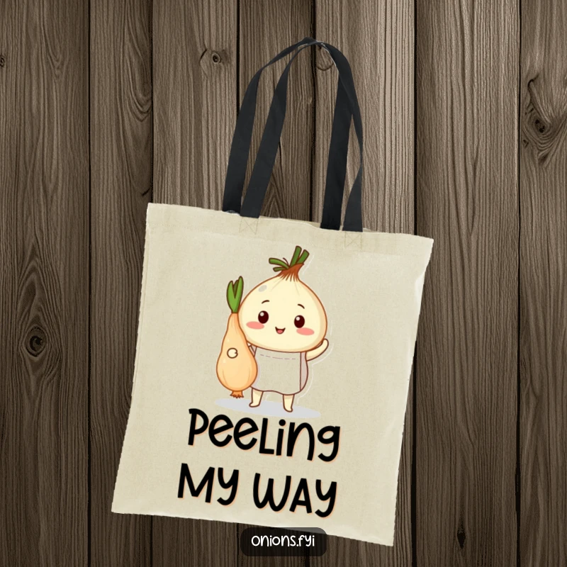 Funny tote bag featuring an onion chef in an apron proudly presenting a peeled root vegetable, a charming culinary accessory.