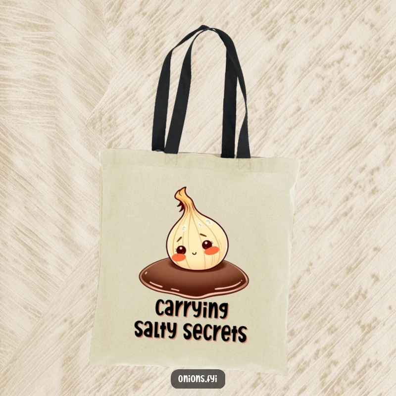 Funny tote bag with a curious onion character investigating a giant, glossy drop of soy sauce, ideal for market trips.