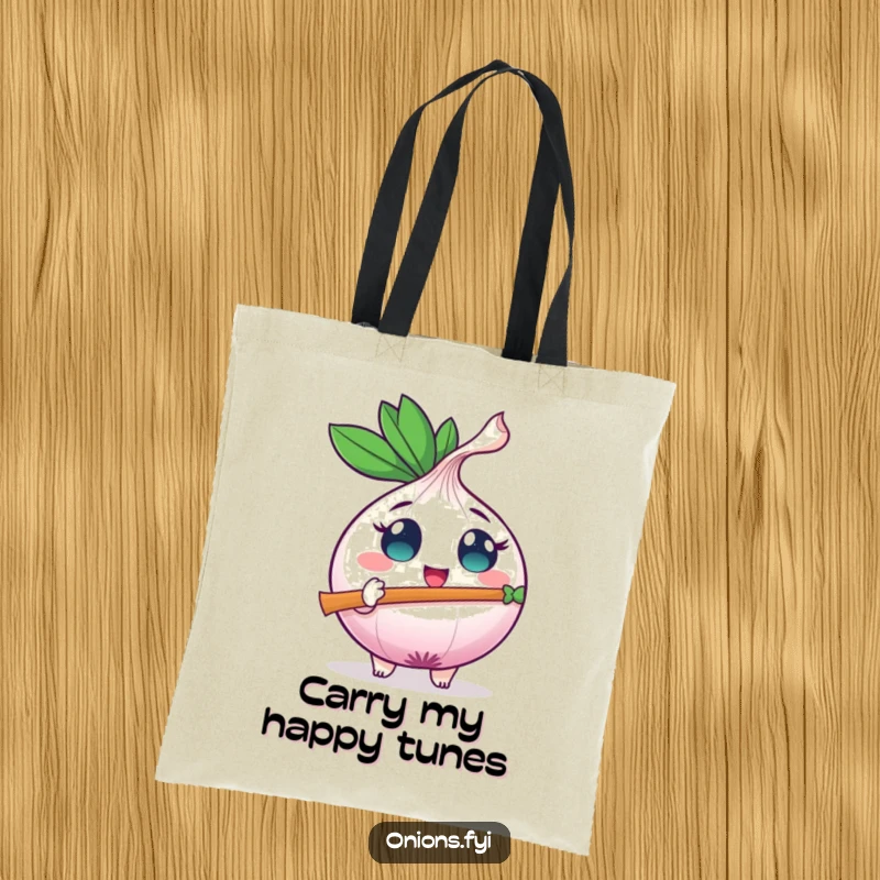 Funny onion character with wide eyes plays a leaf flute, a cheerful design for carrying essentials humorously.
