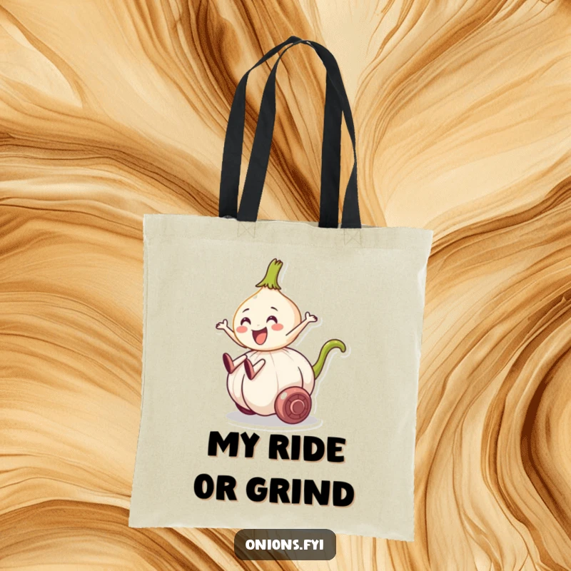 Funny tote bag showing an onion character riding a rolling garlic clove, a humorous accessory for daily errands.