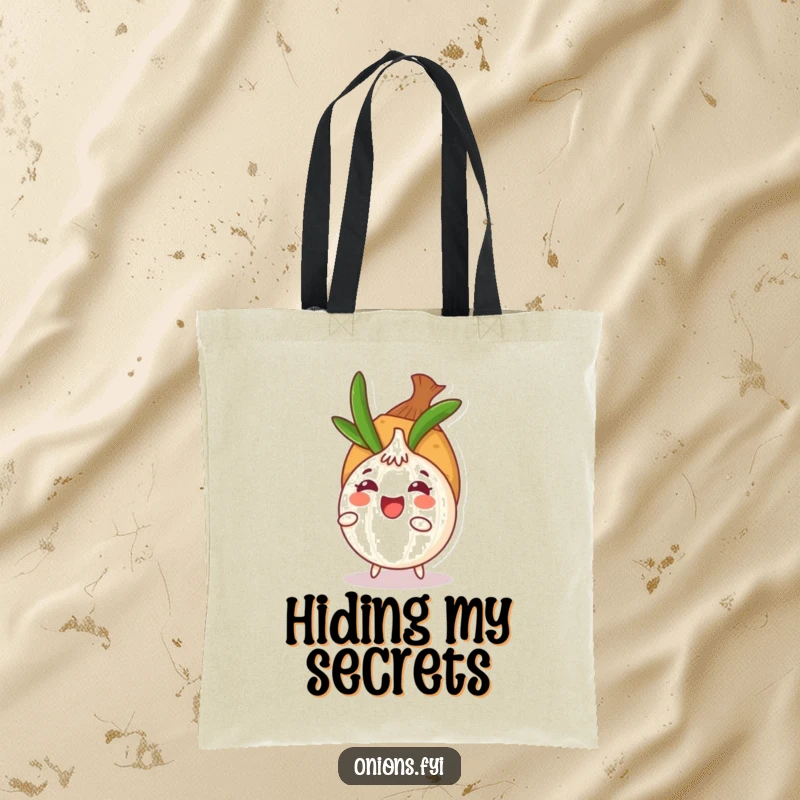 Funny onion character peeking from behind a potato on a tote bag, illustrating peek-a-boo in a charming and humorous way.