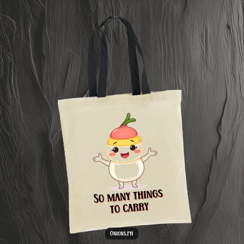 Funny Onion Juggling Tote Bag: A gleeful onion juggling colorful layers, showcasing its fun-loving spirit and practicality.