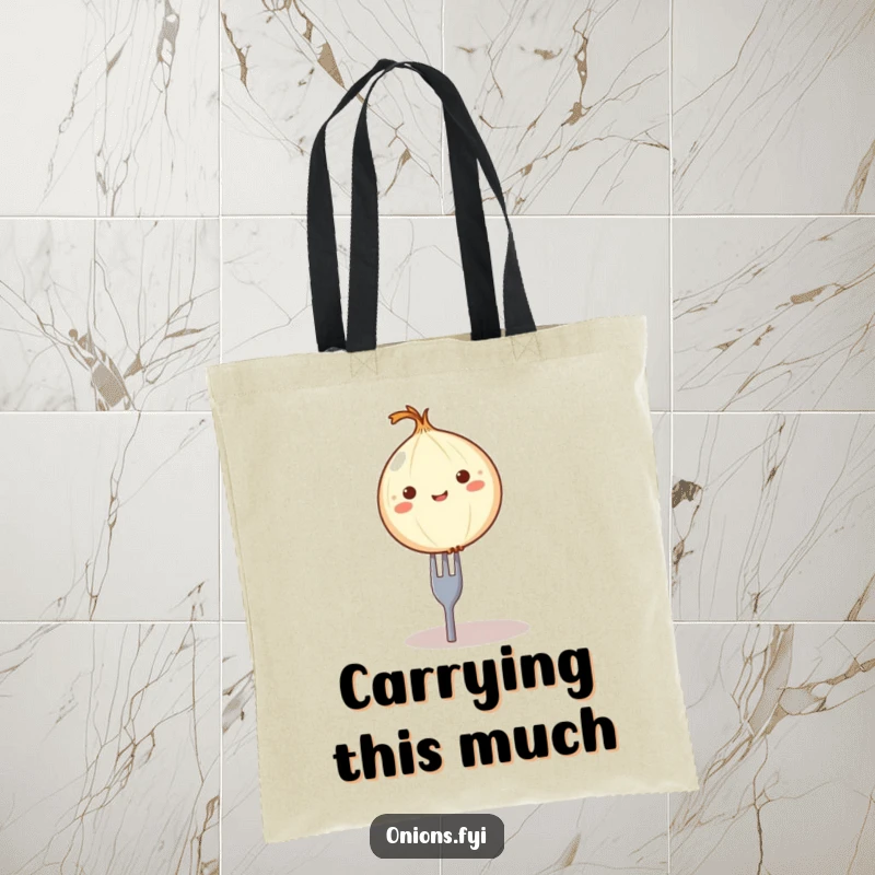 Funny onion on fork tote bag, a round onion character precariously balanced on a tiny fork, a humorous accessory.
