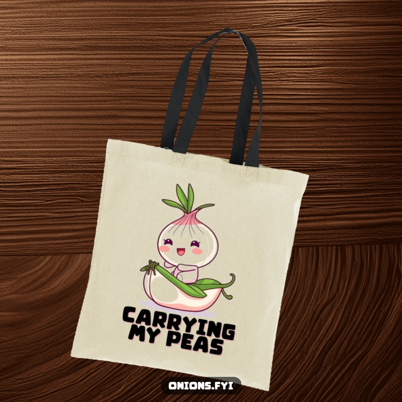 Funny Onion Tote Bag: Playful onion character bounces on a tiny rolling pea, a cute and funny accessory.