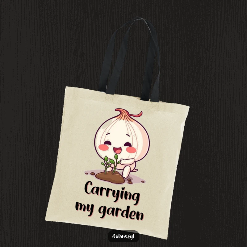 Funny tote bag illustrating an onion character enthusiastically planting a tiny seedling, ready for a day of gardening.