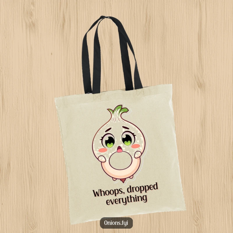 Funny onion character surprised, dropping large onion ring, tote bag, relatable and funny gift.