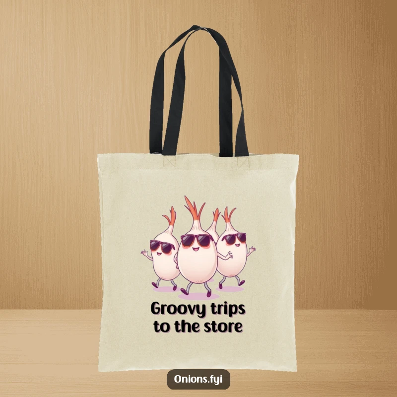 Funny onions wearing sunglasses dancing energetically, tote bag, cool party accessory, funny gift.