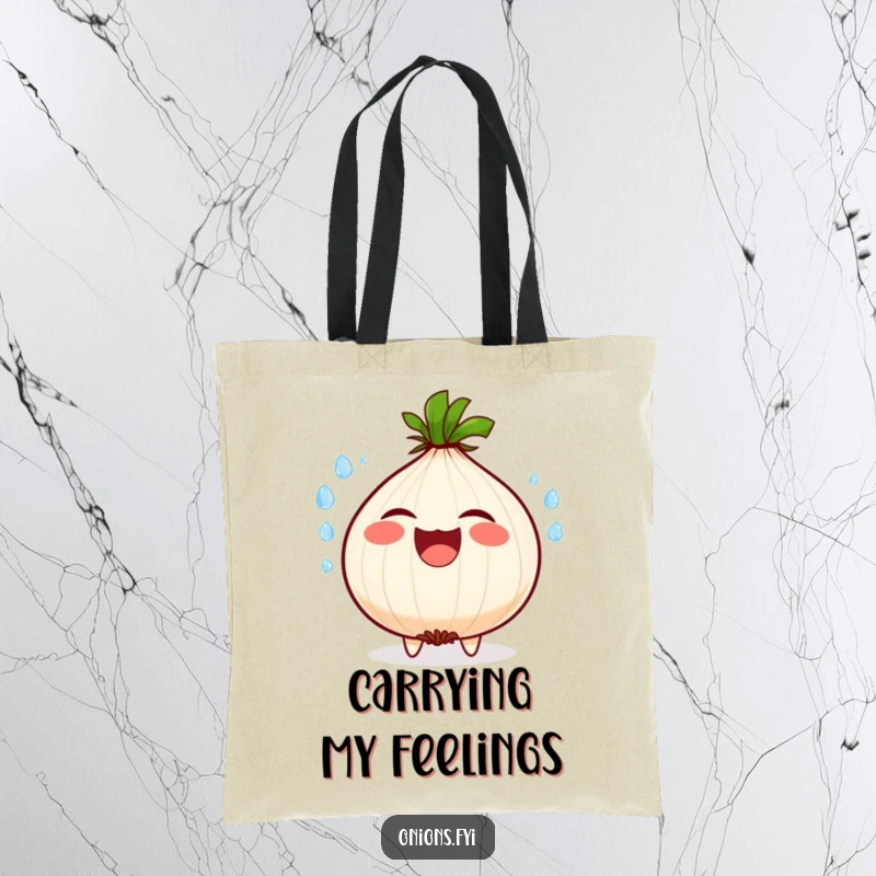 Funny tote bag showcasing a laughing onion character spraying water droplets from its eyes and mouth in a humorous display.