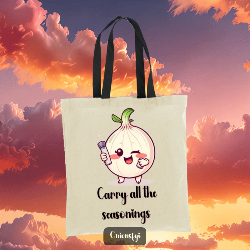 Funny Onion Tote Bag: A mischievous onion character winks, offering a tiny salt shaker, a funny and useful accessory.