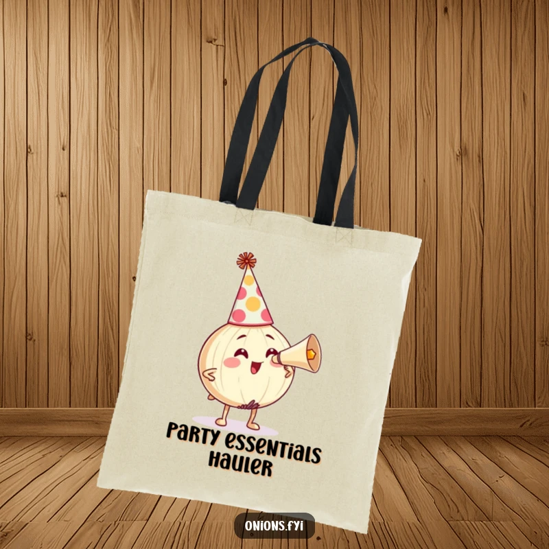 Funny Tote Bag: Onion character in a party hat honking a horn, symbolizing festive fun and humor. Perfect funny gift.