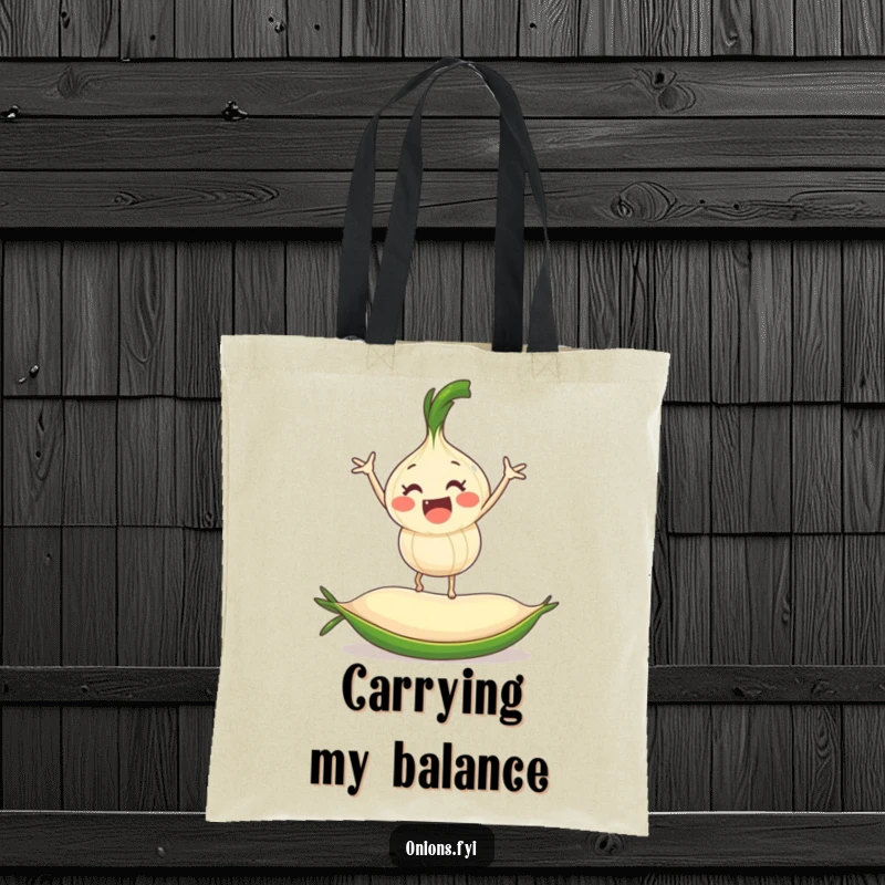 Funny onion character riding a rolling pea, a humorous and useful tote bag for shopping and daily use.