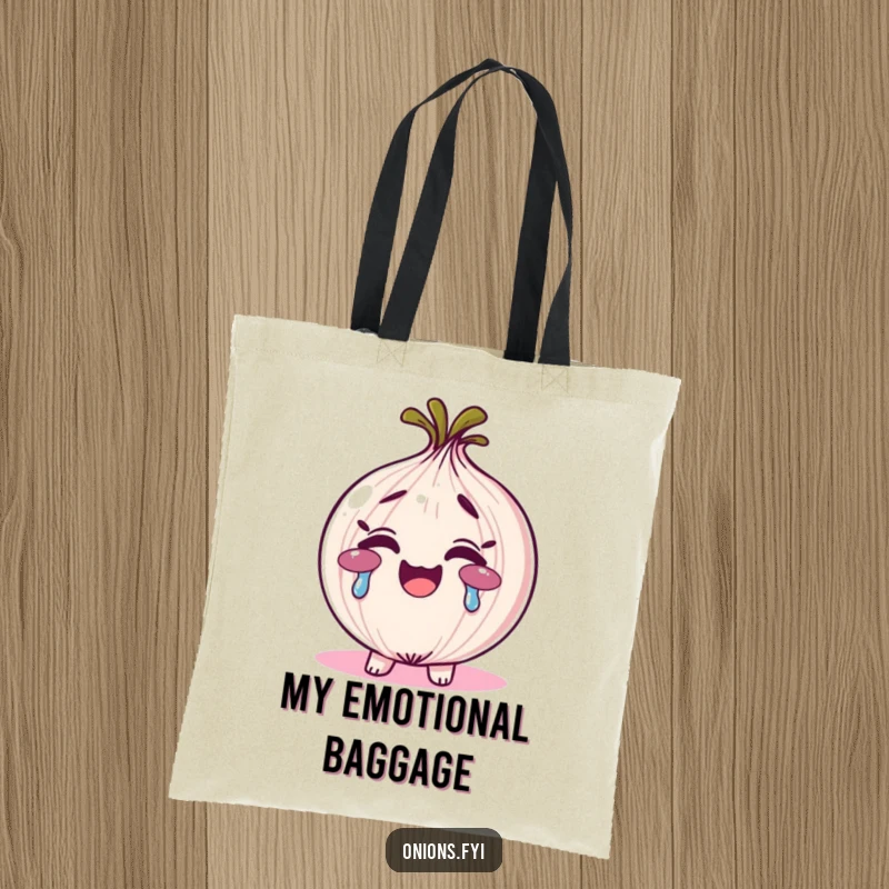 Funny rainbow tears onion tote bag, an onion character smiling while crying colorful rainbow tears, a cheerful accessory.