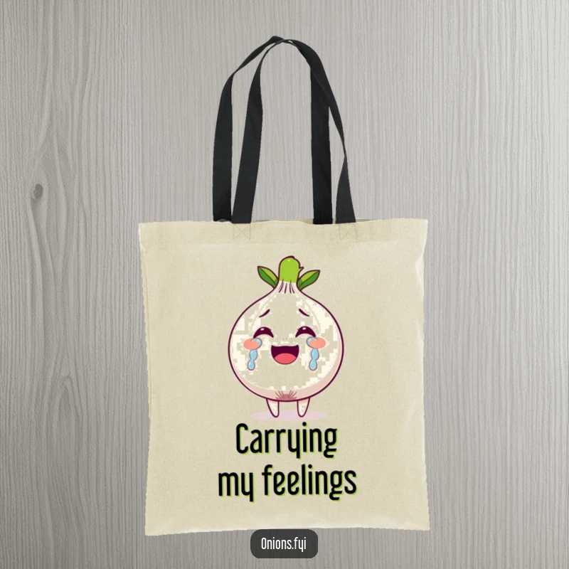 Funny tote bag with an onion character crying tears of joy, perfect for those who feel things deeply.