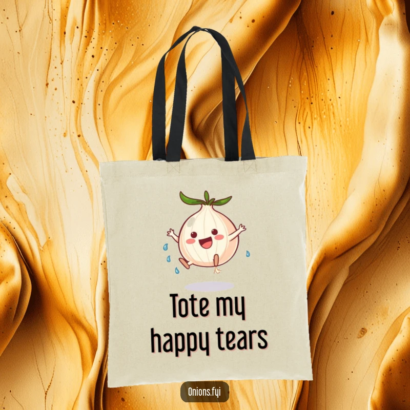 Funny onion character doing a cartwheel with tears, a humorous and useful tote bag for carrying items.