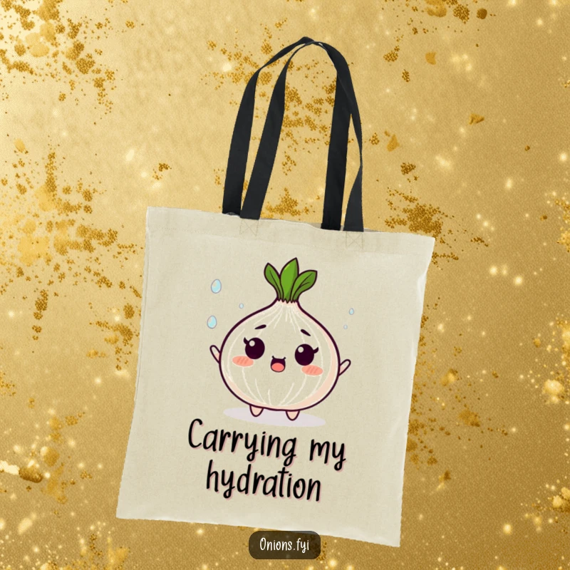 Funny tote bag featuring a surprised onion character juggling tiny, shining droplets, a humorous accessory for busy individuals.