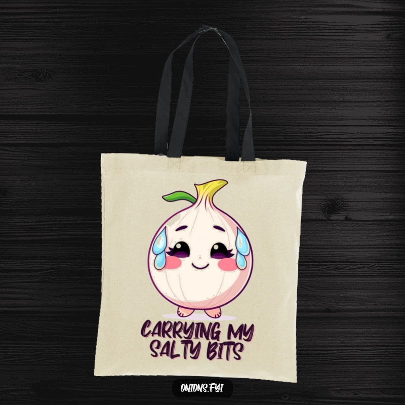 Funny tote bag featuring a smiling onion character wearing oversized, comical tears as earrings, a humorous and stylish accessory.