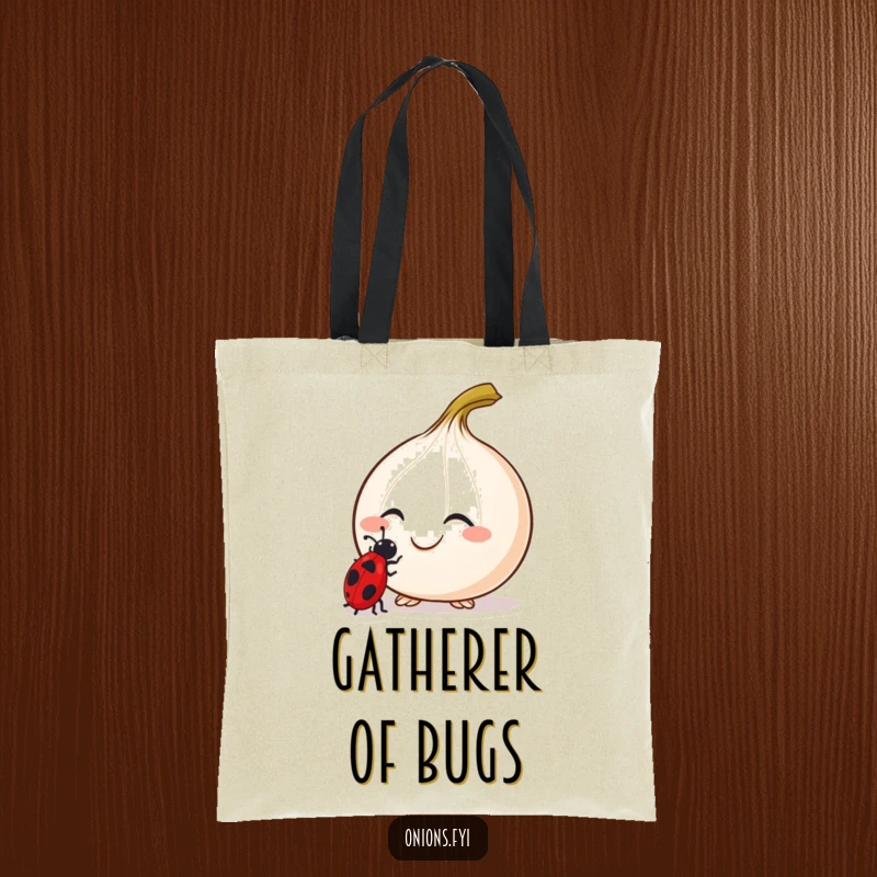 Funny Curious Onion Tote Bag with a smiling onion and antennae examining a ladybug, great for shoppers.