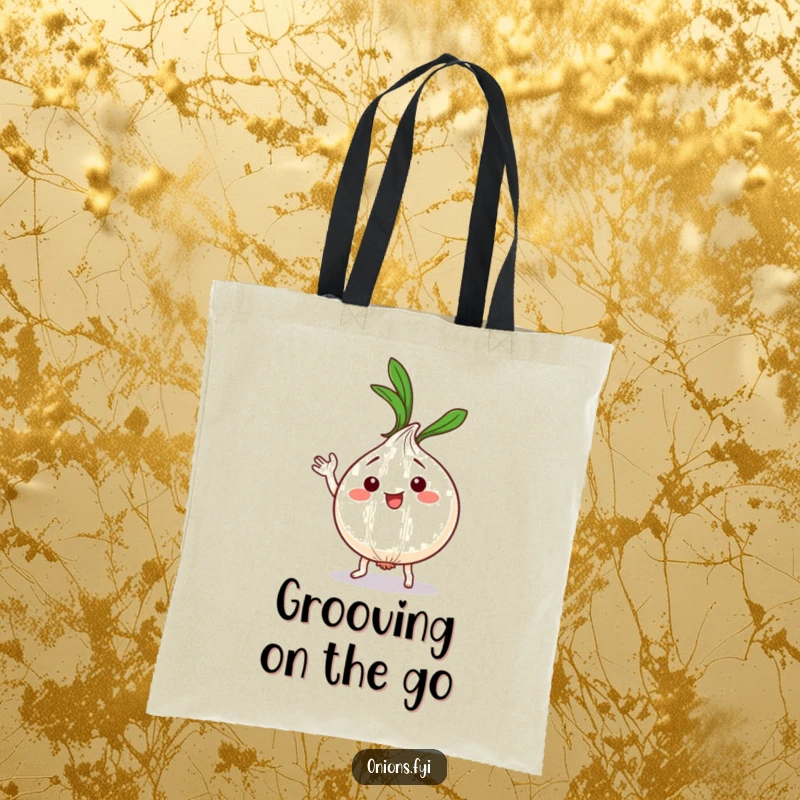 Funny Kawaii Onion Dance Tote Bag: Adorable onion character dancing silly, leafy top waving, ideal funny gift.