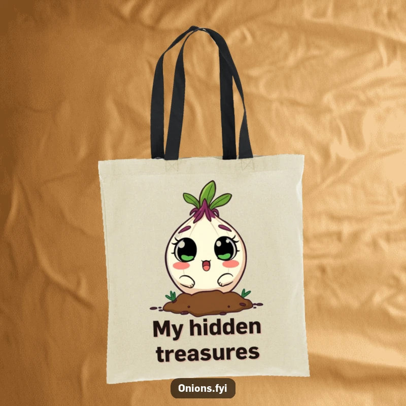 Funny onion peeking from soil with surprised eyes on a practical and humorous tote bag.