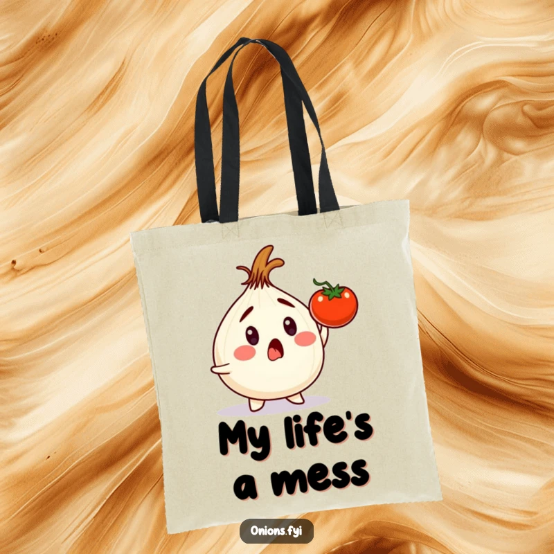 Funny onion character looking shocked while a tomato falls, printed on a tote bag, great for funny gifts.