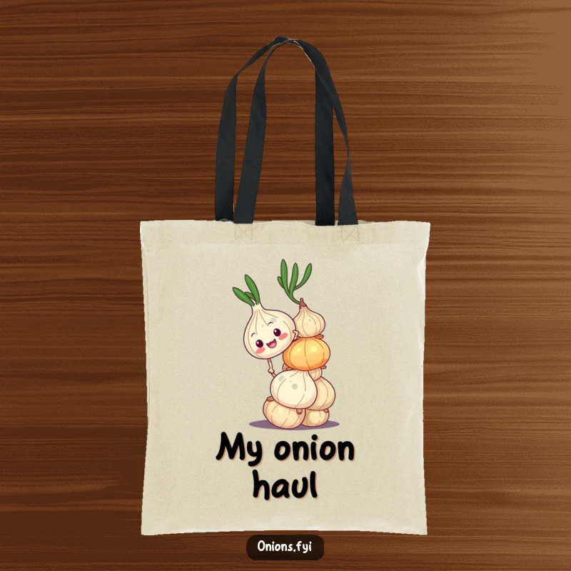 Funny tote bag with an onion character climbing a wobbly onion stack, symbolizing ambition and perseverance with a humorous twist. Useful gift.