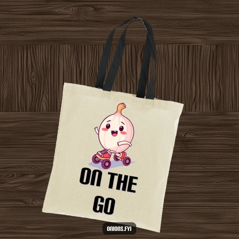 Funny tote bag with a happy onion character on tiny roller skates, zooming along with a cheerful expression.